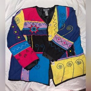 VTG Indigo Moon Patchwork Embroidered Jacket Boho Artsy Coat L